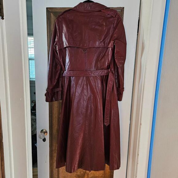 Long Red Leather Jacket Vinage 60s 70s Burgundy Large Trenchcoat - Picture 6 of 8